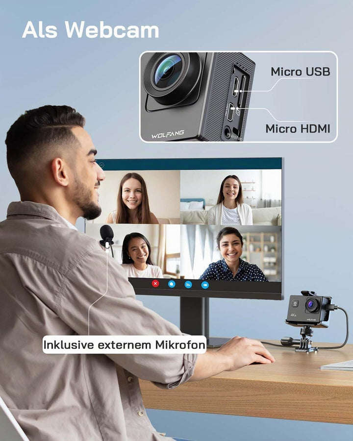 WOLFANG Action Cam 4K30FPS 20MP mit 32GB microSDXC Speicherkarte WiFi 40M Unterwasserkamera Wasserdi