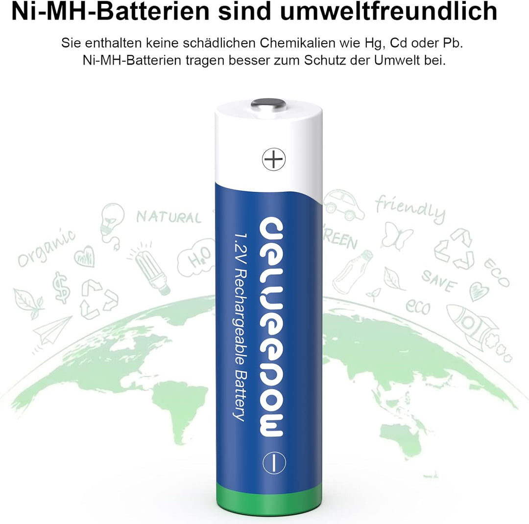 Delyeepow Akku Ladegerät, mit 4 Stück AA Akkus+ 4 Stück AAA Akkus Wiederaufladbar, NiMH 1.2V, 4-Lade