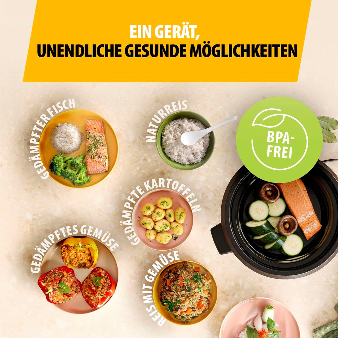 Tristar Reiskocher, 1 L Kapazität für bis zu 5 Portionen, Edelstahlgehäuse, Antihaft-Innentopf, Damp