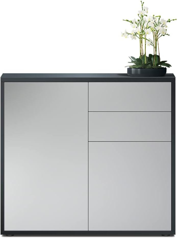Vladon Sideboard Ben, Kommode mit 2 Türen und 2 Schubladen, Schwarz matt/Hellgrau Seidenmatt (79 x 7