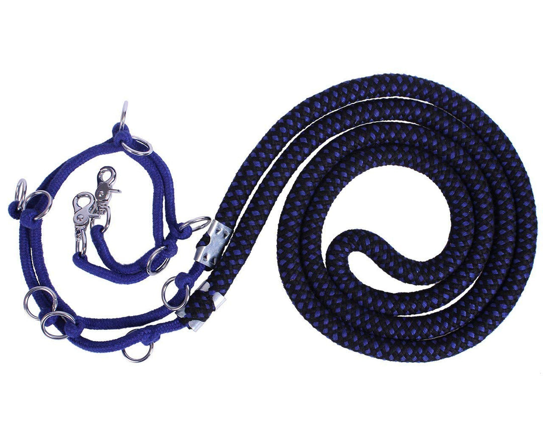 QHP Longierstrick Longierhilfe Luxus mit Mehreren Ringen zur optimalen Einstellung (M, Blau/Schwarz)