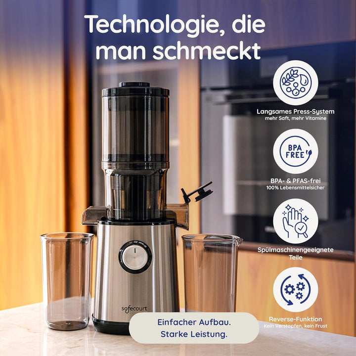 Safecourt Kitchen Entsafter - Langsamer Entsafter für Obst und Gemüse - XXL Einfüllöffnung - Leistun