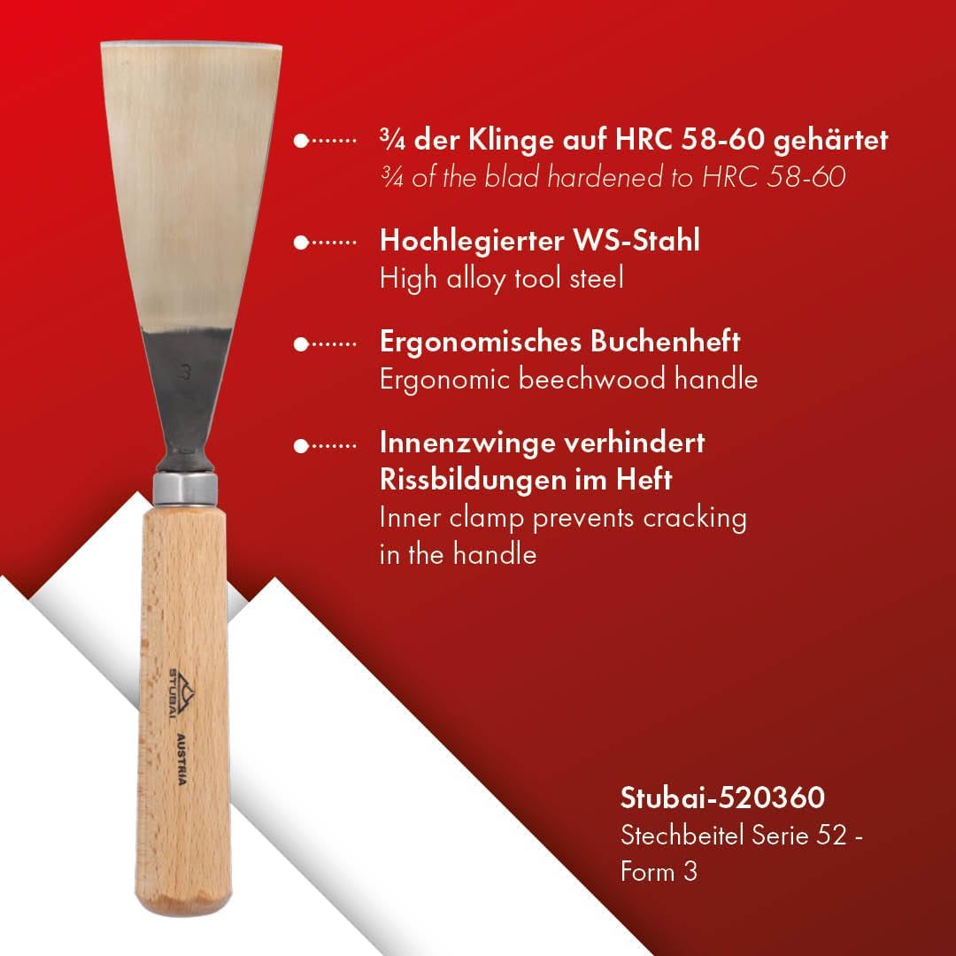 STUBAI Stemmeisen Stechbeitel Serie 52 - Form 3 | Gerades Flacheisen - 60 mm, mit Holzgriff, zum Vor