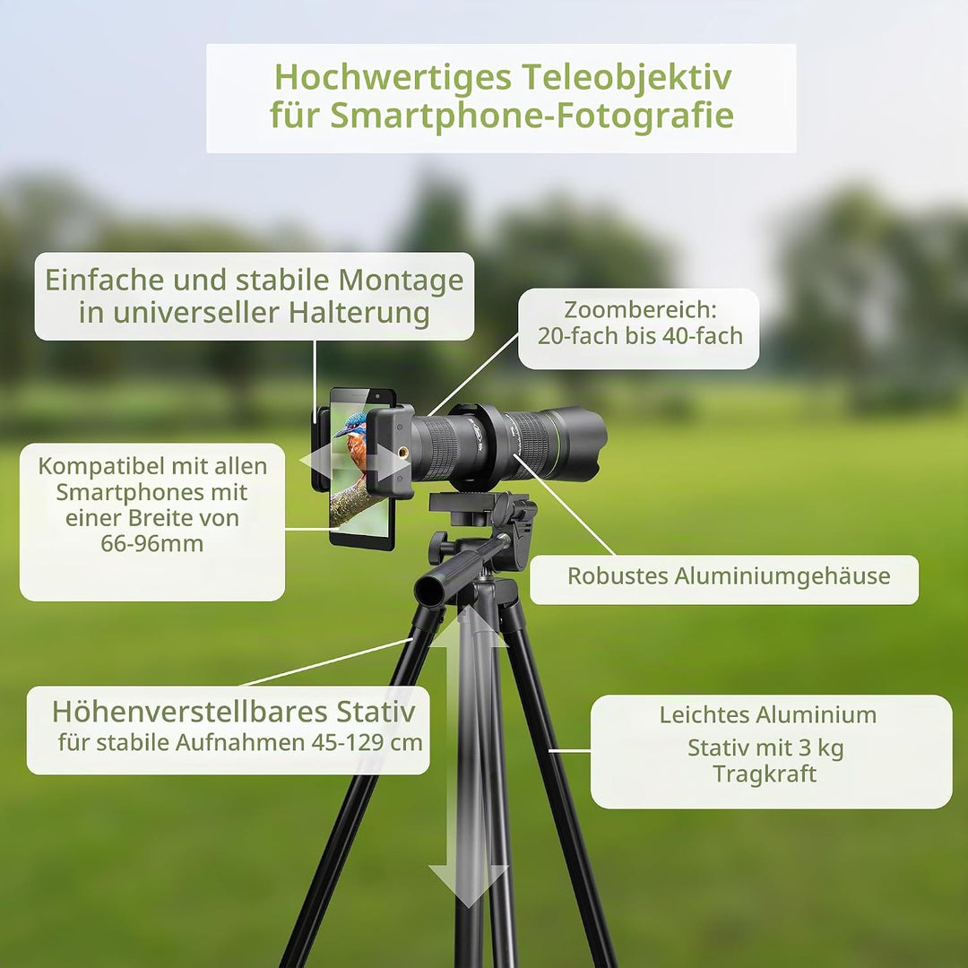 Bresser Teleobjektiv für Smartphone 20–40x Zoom, inkl. Stativ, Universalhalterung, Augenmuschel, Tas