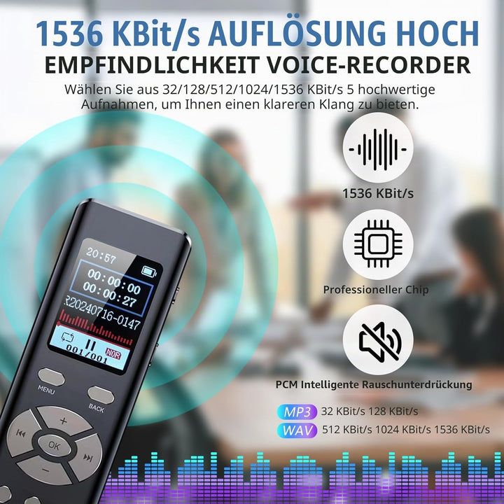 Digitales Diktiergerät mit MP3-Player, 64 GB, für Meetings, Interviews und Vorlesungen, A-B-Loop-Wie