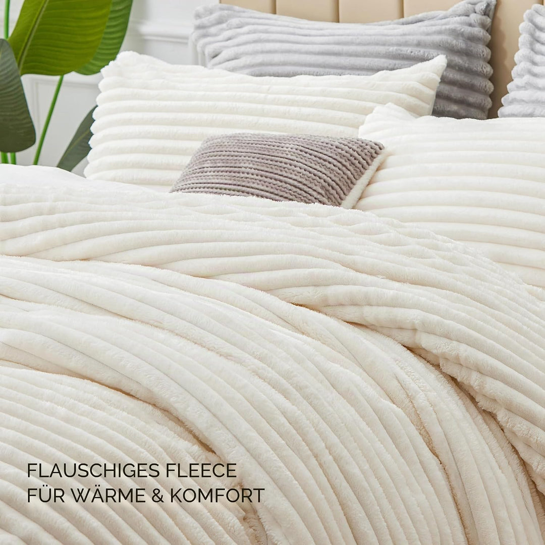 BEDELITE Fleece-Bettwäsche-Set für Queensize-Betten, super weich und warm, flauschig, weiss, luxuriö