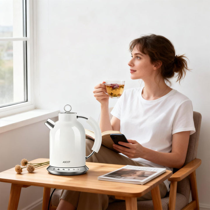 ASCOT Wasserkocher Edelstahl mit 5 variablen Voreinstellungen, elektrischer Teekessel Kaffee Wasserk