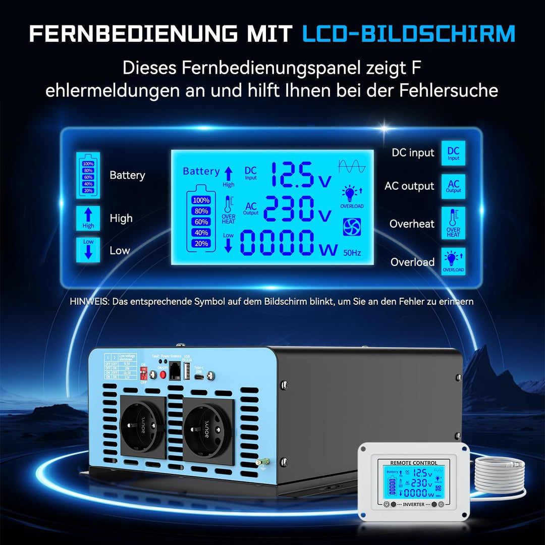 OLTEANP 2500W Spannungswandler 12v auf 230v Reiner Sinus Wechselrichter -Power Inverter Konverter mi