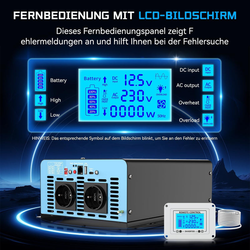 OLTEANP 2500W Spannungswandler 12v auf 230v Reiner Sinus Wechselrichter -Power Inverter Konverter mi
