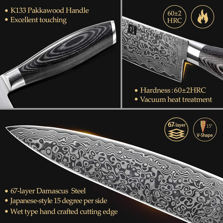 XINZUO 67 Schichten Damaststahl 5er Küchenmesser Set-Pakkaholz Griff mit Olivenholz Messerhalter Mag