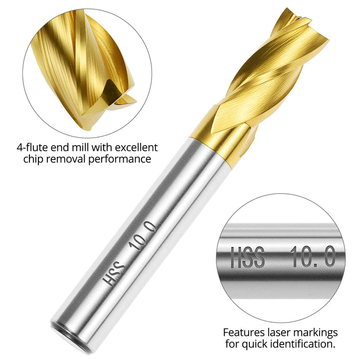 QWORK® Schaftfräser Satz 10-teilig HSS Titan-beschichtet 2-10mm – 4 Schneiden Fingerfräser für CNC-B