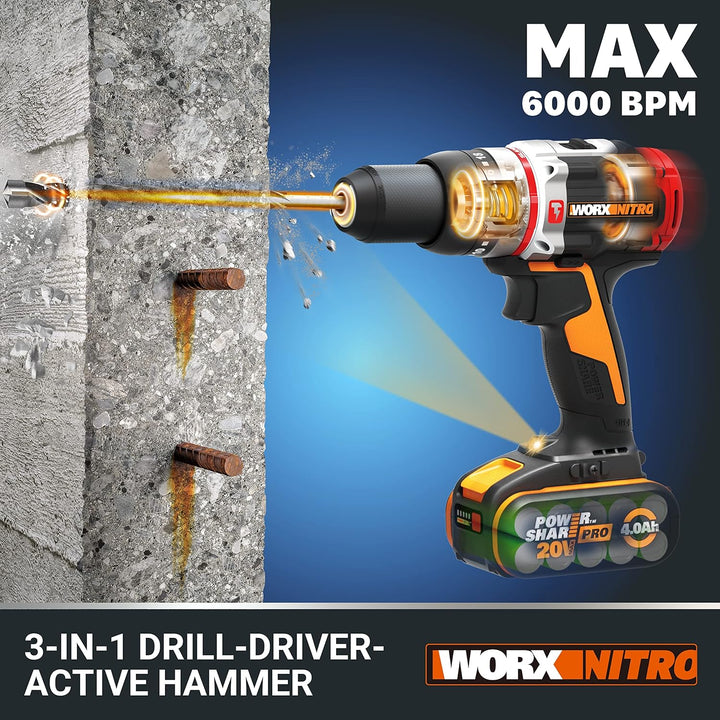 WORX NITRO 18V (20V MAX) Akku-Schlagbohrer WX354.1, PowerShare PRO, Hammerbohrer, bürstenloser Motor