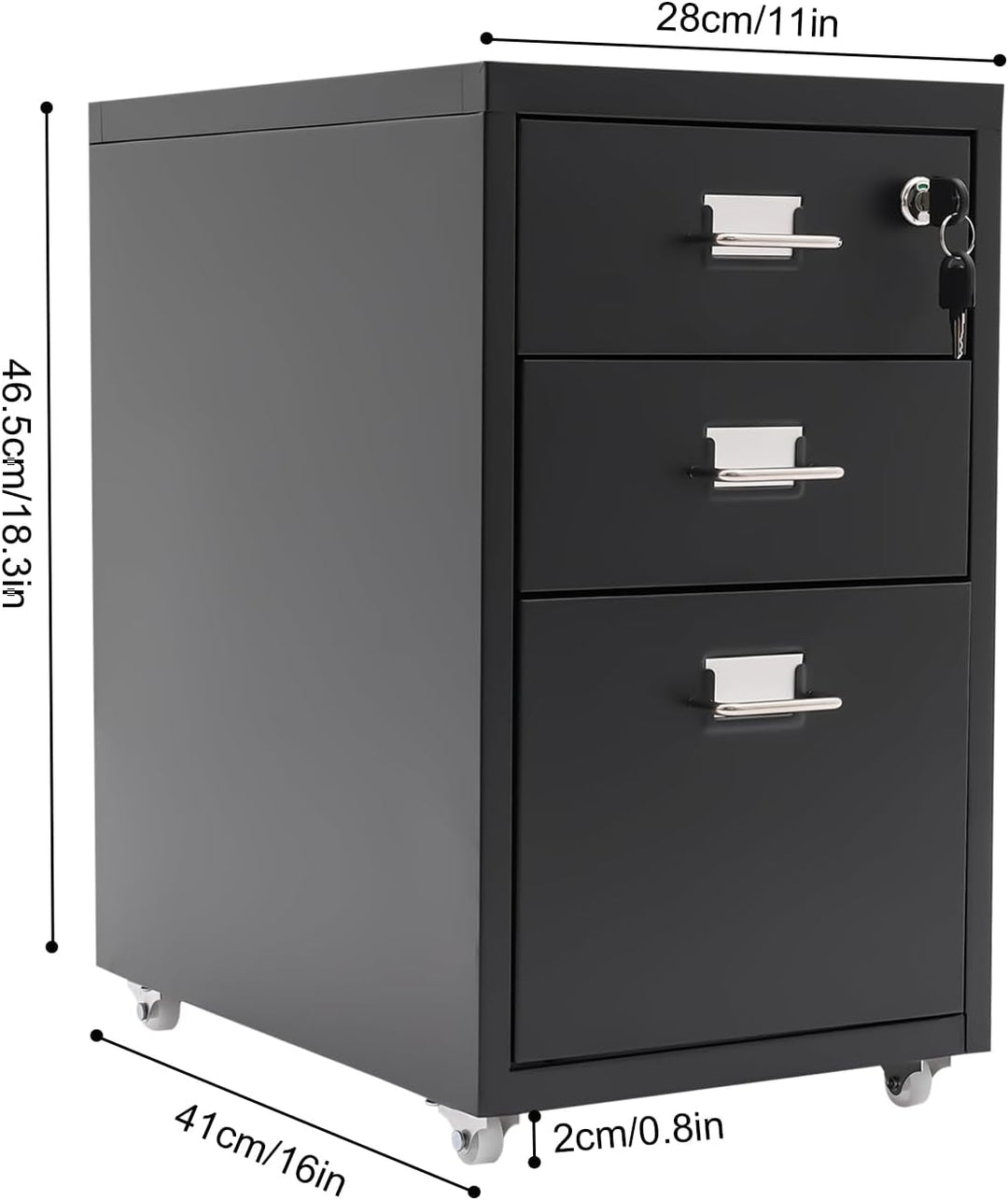 Rollcontainer Vertikaler Aktenchrank 3-Schubladen Metall-Schrank mit Schloss & Vier Rollen Stabiler