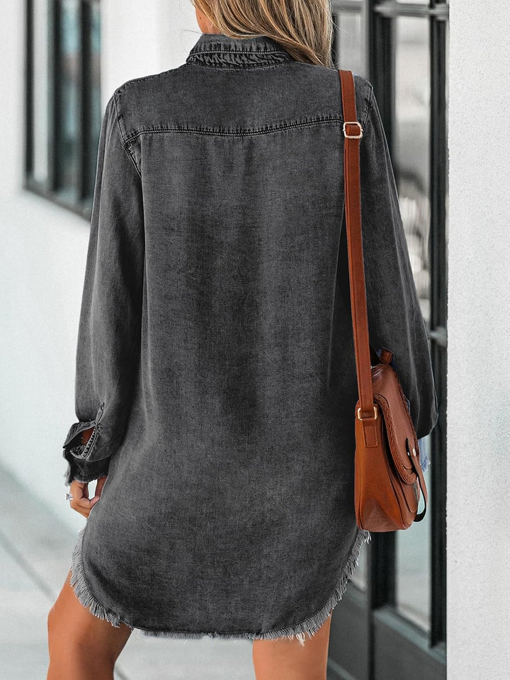 CUPSHE Damen Jeanshemd V Ausschnitt Knopfleiste Brusttaschen Asymmetrisch Jeansbluse Hemdblusen Deni