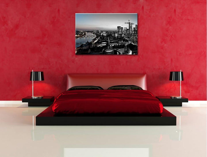 Frankfurter Skyline bei Sonnenuntergang schwarz/weiss Format: 100x70 auf Leinwand, XXL riesige Bilde