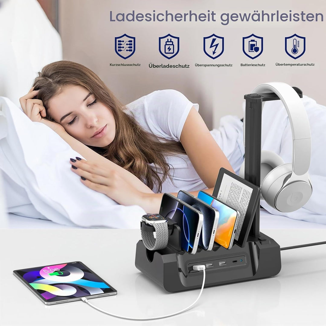 KDD Ladestation für Mehrere Geräte mit 6 Port – 6 in 1 Handy Ladestation mit Kopfhörer &amp; Uhrenhalter