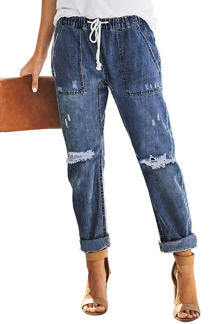 Alaster Queen Jeans Damen Lässig High Waist Jeans Baggy Jeans Damen Knie Zerrissen Jeans 209-marineb