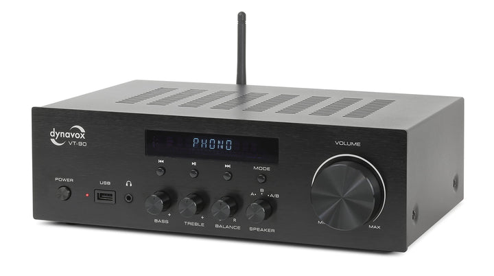 Dynavox Stereo Kompakt-Verstärker VT-90, schraubbare Anschluss-Terminals für 4 Lautsprecher, Fernbed