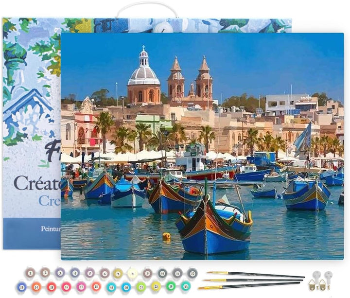 Figured'Art Malen Nach Zahlen Erwachsene Mit Rahmen Hafen in Malta - Paint by Numbers Basteln DIY Ba
