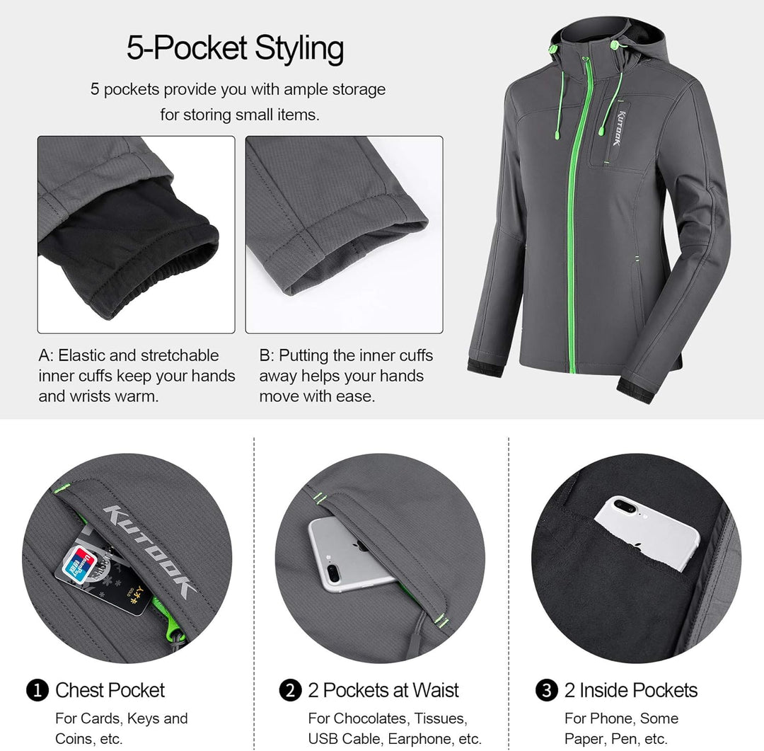 KUTOOK Wasserdicht Softshelljacke Damen Lange Ärmel 5 Taschen grosse Kapazität Jacke mit Kapuze für