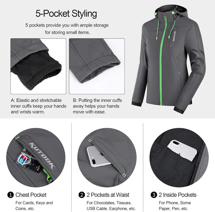 KUTOOK Wasserdicht Softshelljacke Damen Lange Ärmel 5 Taschen grosse Kapazität Jacke mit Kapuze für