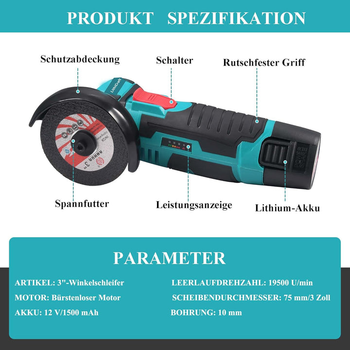 Mini Akku Winkelschleifer 12V, 76mm (3 Zoll) Bürstenloser Trennschleifer mit 2x 1500mAh Akku & 8 Sch