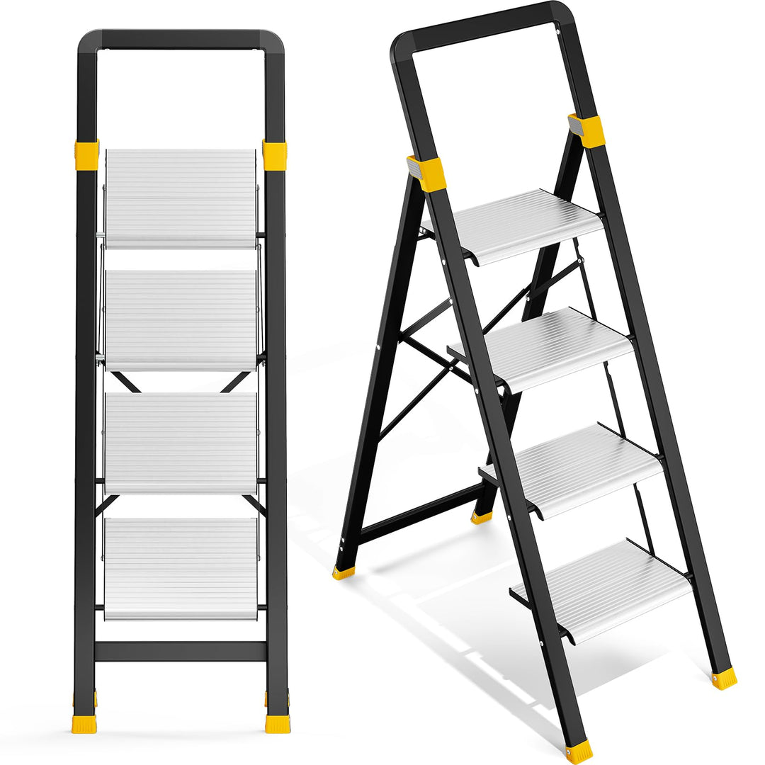 KINGRACK Trittleiter 4 Stufen Klappbar Aluminium, Klappleiter mit Handlauf, Haushaltsleiter Anti-Rut