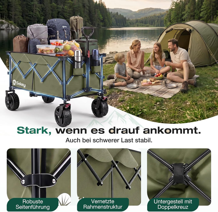 Sekey XXL Plus Bollerwagen Faltbar mit Bremsen 200L 200KG Belastbar, Extra Breite Reifen All Terrain