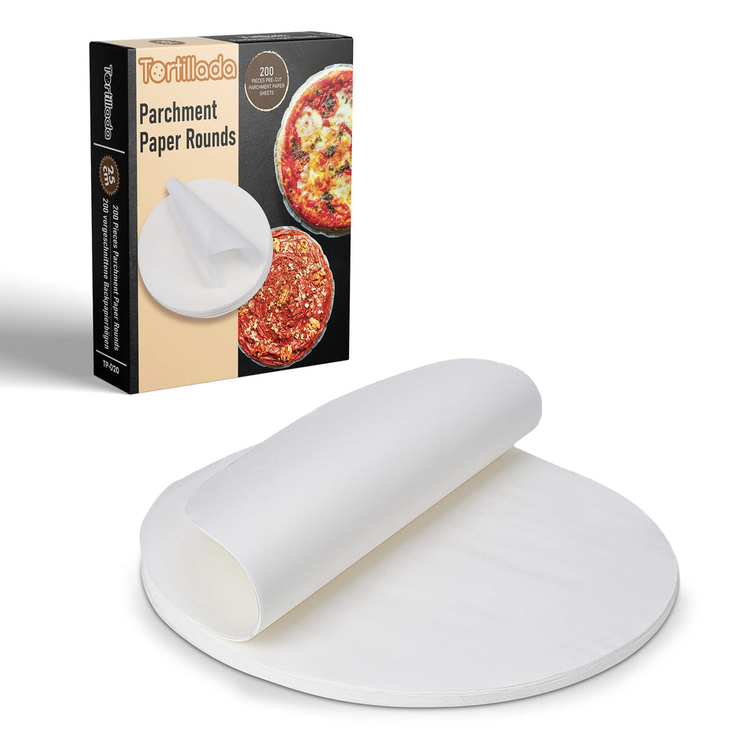 Tortillada – 200 Stück vorgeschnittene Backpapierbögen/Pergamentpapier Zuschnitte rund (25cm), 25cm