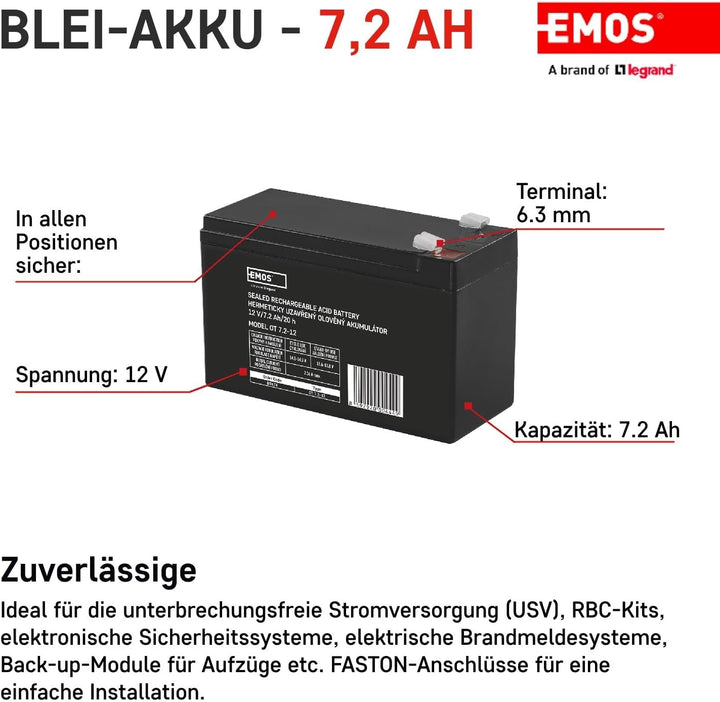 EMOS - Wartungsfreier Bleiakku - 12V 7,2Ah - AGM Batterie - Faston 6,3mm Anschluss - Für USV-Geräte,