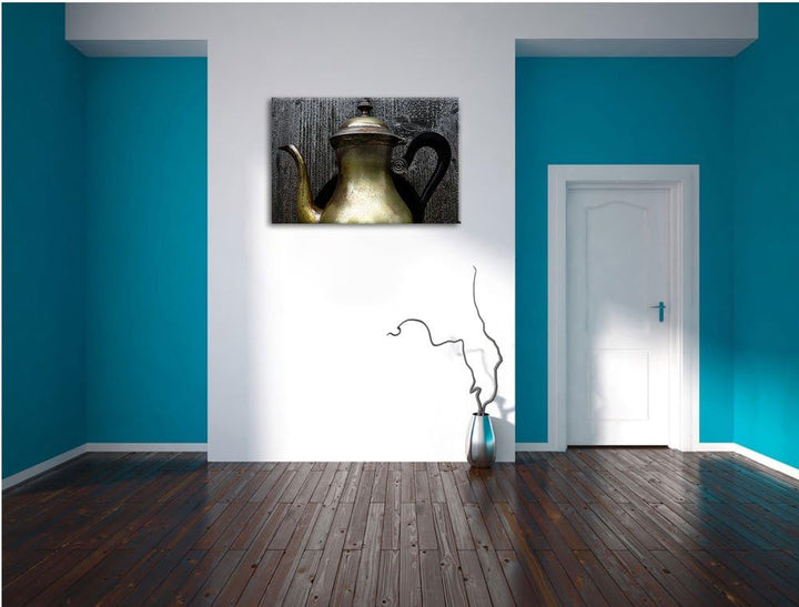 stilvolle alte Teekanne aus Metall auf Leinwand, XXL riesige Bilder fertig gerahmt mit Keilrahmen, K