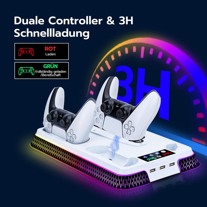 Wigearss PS5/PS5 Slim/PS5 Pro Kühler Standfuss mit Dual Controller Ladegerät, PS5 Controller Ladesta