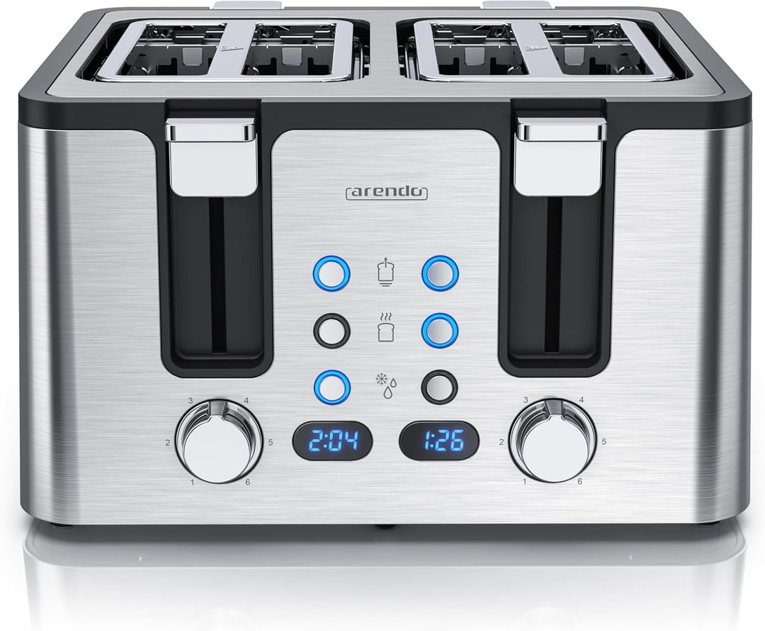 Arendo - Toaster 4 Scheiben Edelstahl - mit Brötchenaufsatz - 4 Schlitze - LED Anzeige Restzeitanzei