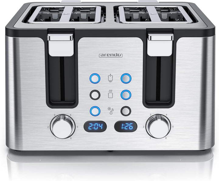 Arendo - Toaster 4 Scheiben Edelstahl - mit Brötchenaufsatz - 4 Schlitze - LED Anzeige Restzeitanzei