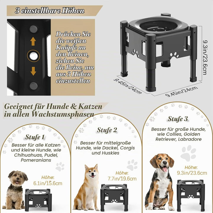 Lewondr Erhöht Hundenapf, 1000ml Edelstahl Hund Futternapf &amp; 1100ml Langsam Futternapf, 3 Höhenverst
