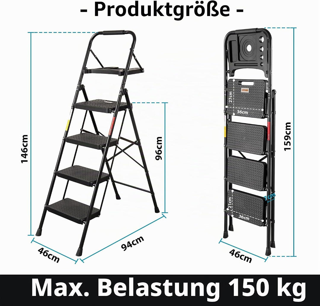 BONTEC Trittleiter 4 Stufen Klappbar, 181kg Kapazität mit Breiten Anti-Rutsch-Pedalen, Faltbarer Sta