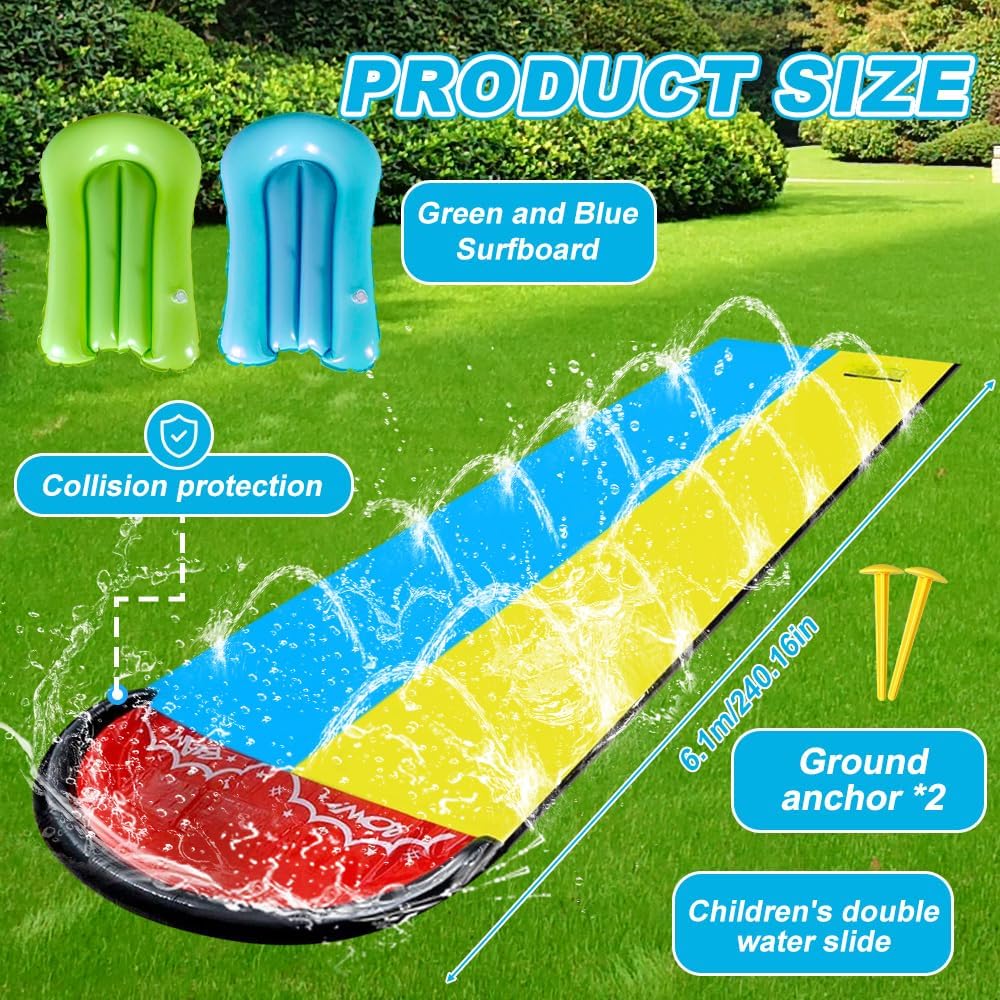 Wasserrutsche Garten für Kinder, 6.1*1.4M Aufblasbare Wasserrutsche mit 2 Bodyboards, Doppelte Wasse