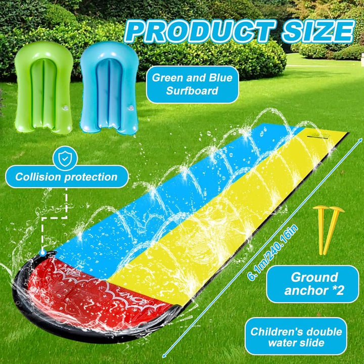 Wasserrutsche Garten für Kinder, 6.1*1.4M Aufblasbare Wasserrutsche mit 2 Bodyboards, Doppelte Wasse