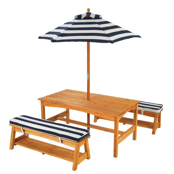 KidKraft Gartentisch mit Bank, Kissen und Sonnenschirm für Kinder, Outdoor Gartenmöbel aus Holz für