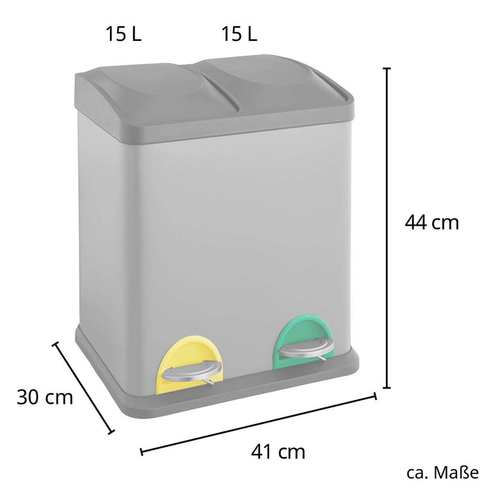 SVITA TC2X15 Küchen-Eimer 30 Liter Grau 2x15L doppelt Abfalleimer 2er-Mülleimer Mülltrennung