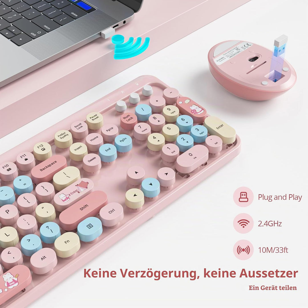 SOLIDEE kabellose Tastatur- und Maus-Kombination,Retro-Schreibmaschinen-Tastatur,2.4GHz runde Tasten
