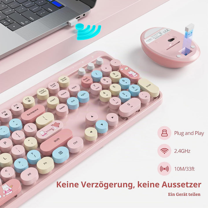 SOLIDEE kabellose Tastatur- und Maus-Kombination,Retro-Schreibmaschinen-Tastatur,2.4GHz runde Tasten