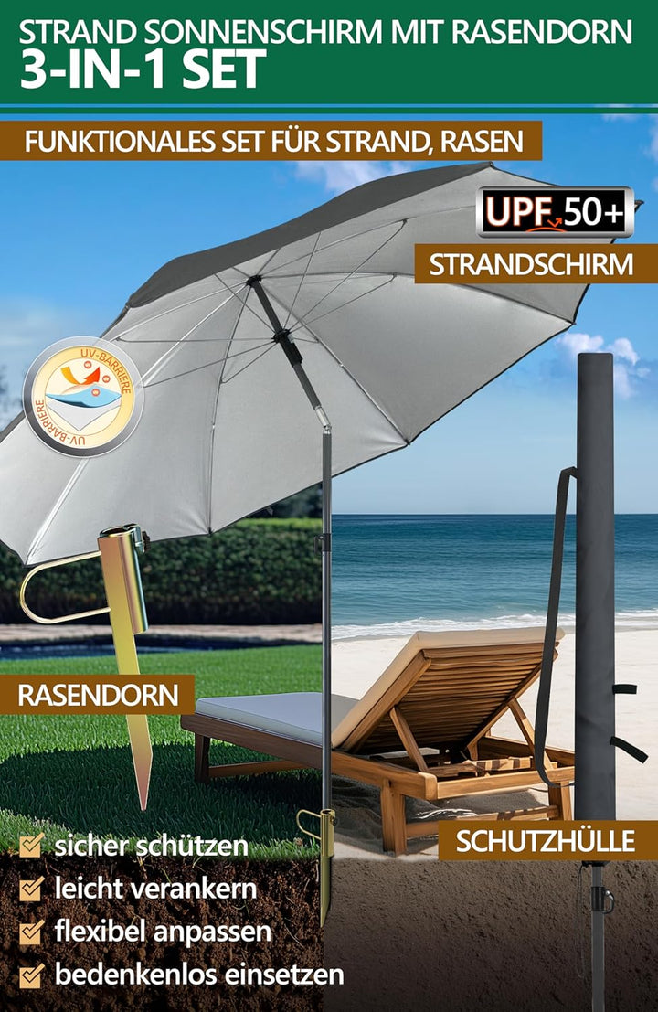 4smile Sonnenschirm Strand SunnyJoy Modern im 3er-Set, Anthrazit - Strandschirm windfest stabil 180