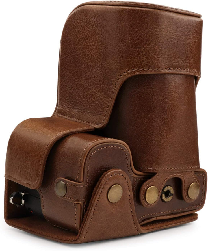 MegaGear Ever Ready Echtleder Kameratasche mit Trageriemen kompatibel mit Sony Alpha A6600 Dunkelbra