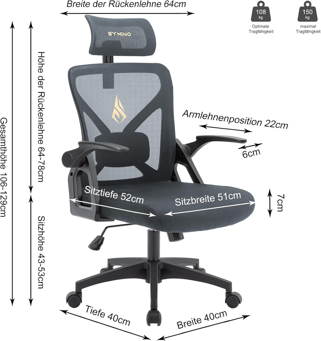 Symino Bürostuhl Ergonomisch, Schreibtischstuhl mit Verstellbarer Kopfstütze, Armlehnen, Lordosenstü
