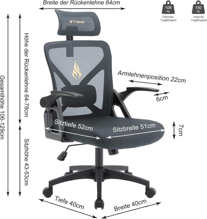 Symino Bürostuhl Ergonomisch, Schreibtischstuhl mit Verstellbarer Kopfstütze, Armlehnen, Lordosenstü