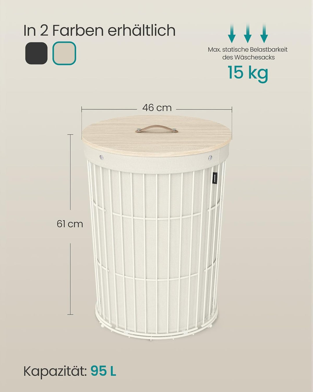 SONGMICS Wäschekorb mit Deckel, Wäschesammler rund, 95 L, vielseitig, herausnehmbarer Wäschesack, gr