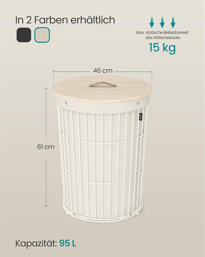 SONGMICS Wäschekorb mit Deckel, Wäschesammler rund, 95 L, vielseitig, herausnehmbarer Wäschesack, gr