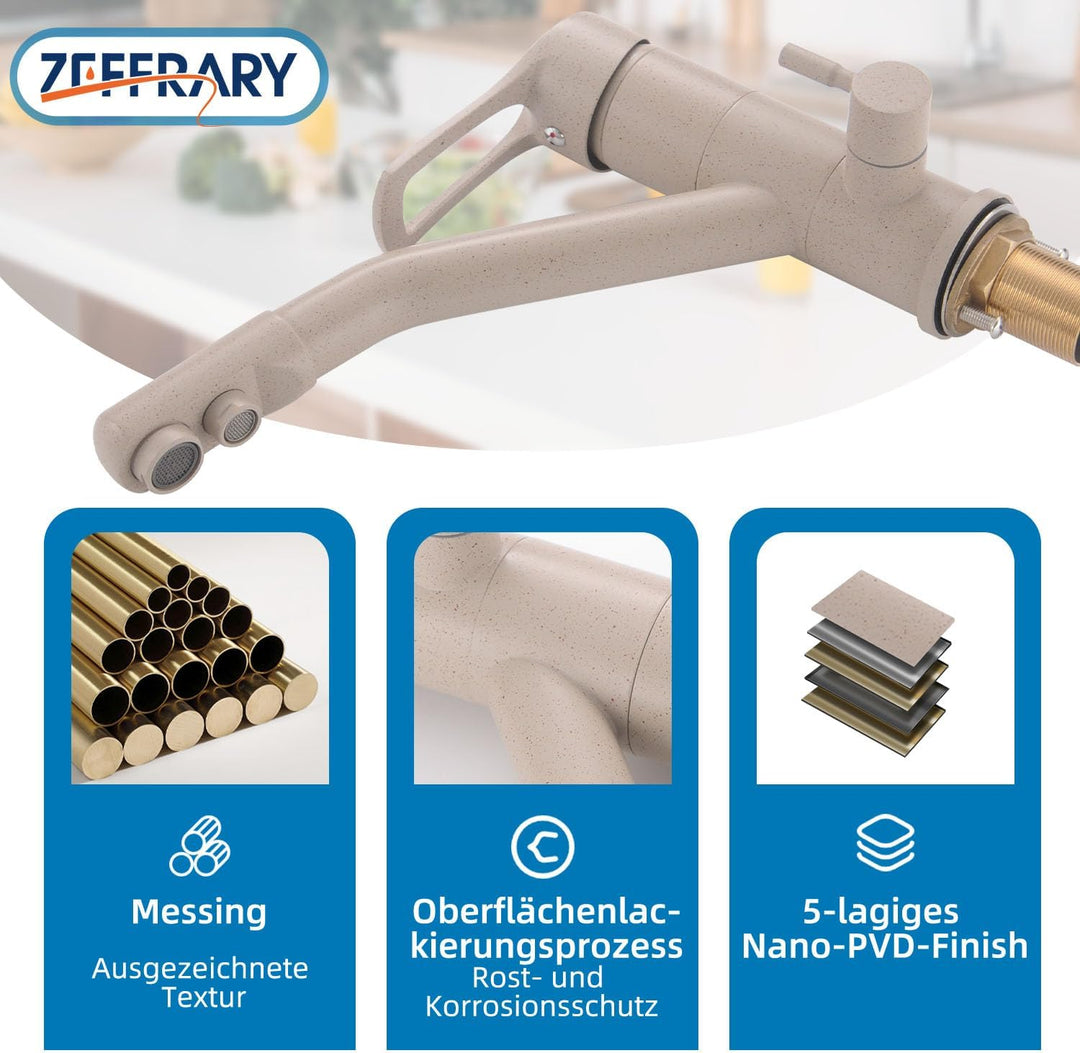 Zeffrary 3-Wege-Küchenarmatur, 360° drehbarer Küchenarmatur, Spültischarmatur mit flexiblem Auslauf,