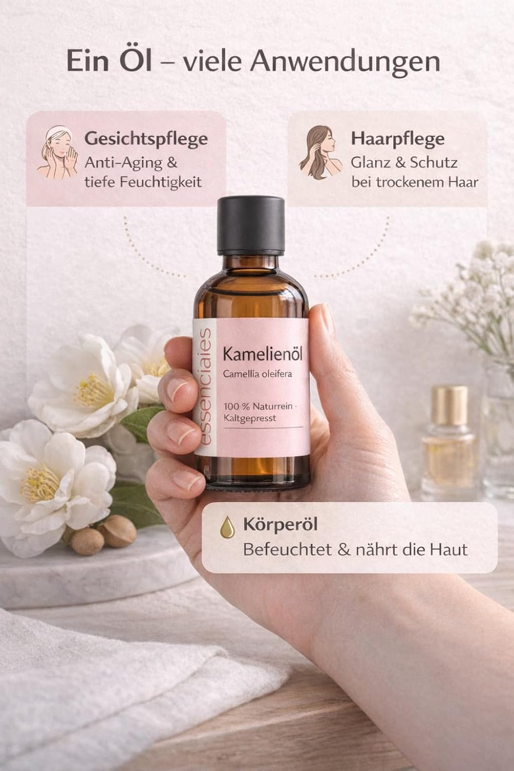 Kamelienöl Bio 100 Prozent Rein Kaltgepresst + Camellia Oleifera Öl Für Hautpflege Anti Aging Und Ha